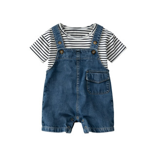 Bộ quần yếm Denim cho bé trai Bộ áo thun Cotton sọc Mũ lưỡi trai cỡ 66-90