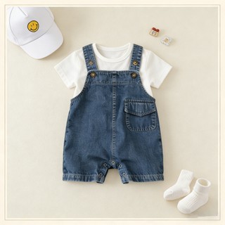 Bộ áo liền quần ngắn Cotton cho bé Bộ áo liền quần Denim Áo thun trắng có mũ cười