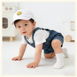 Bộ áo liền quần ngắn Cotton cho bé Bộ áo liền quần Denim Áo thun trắng có mũ cười