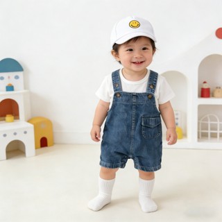 Bộ áo liền quần ngắn Cotton cho bé Bộ áo liền quần Denim Áo thun trắng có mũ cười