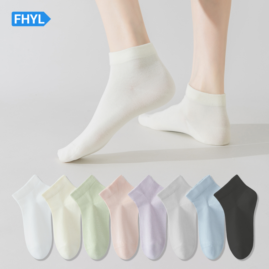 FHYL Vớ cotton Trắng Cổ Trung Mềm Mại Màu Trơn Thời Trang Phong Cách Hàn Quốc Cho Nữ