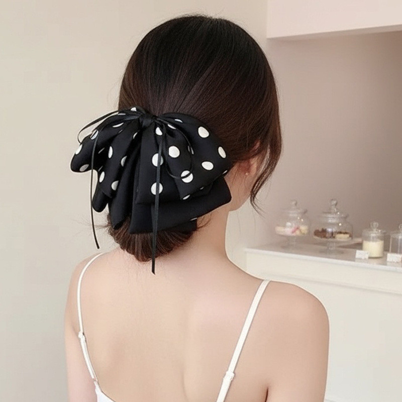 Kẹp tóc satin nơ đuôi ngựa chấm bi, thanh lịch - Phụ kiện tóc nữ thời trang