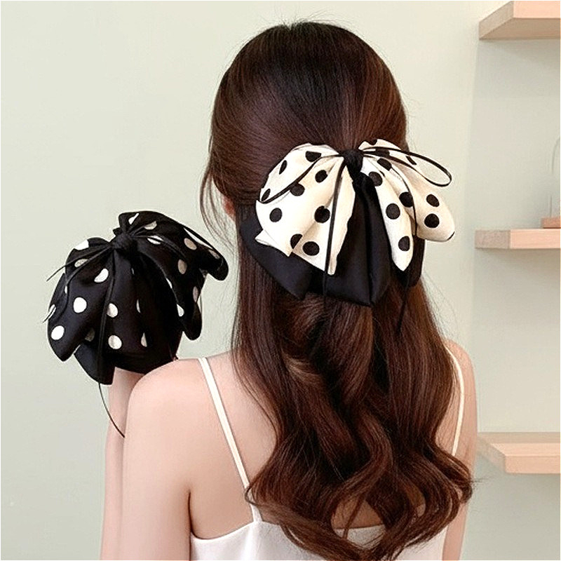 Kẹp tóc satin nơ đuôi ngựa chấm bi, thanh lịch - Phụ kiện tóc nữ thời trang