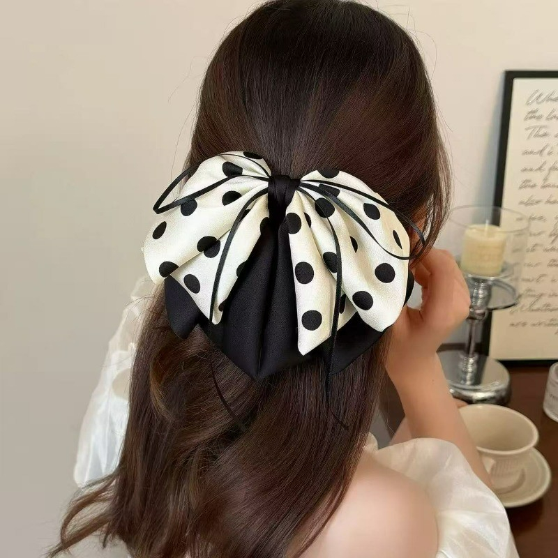 Kẹp tóc satin nơ đuôi ngựa chấm bi, thanh lịch - Phụ kiện tóc nữ thời trang