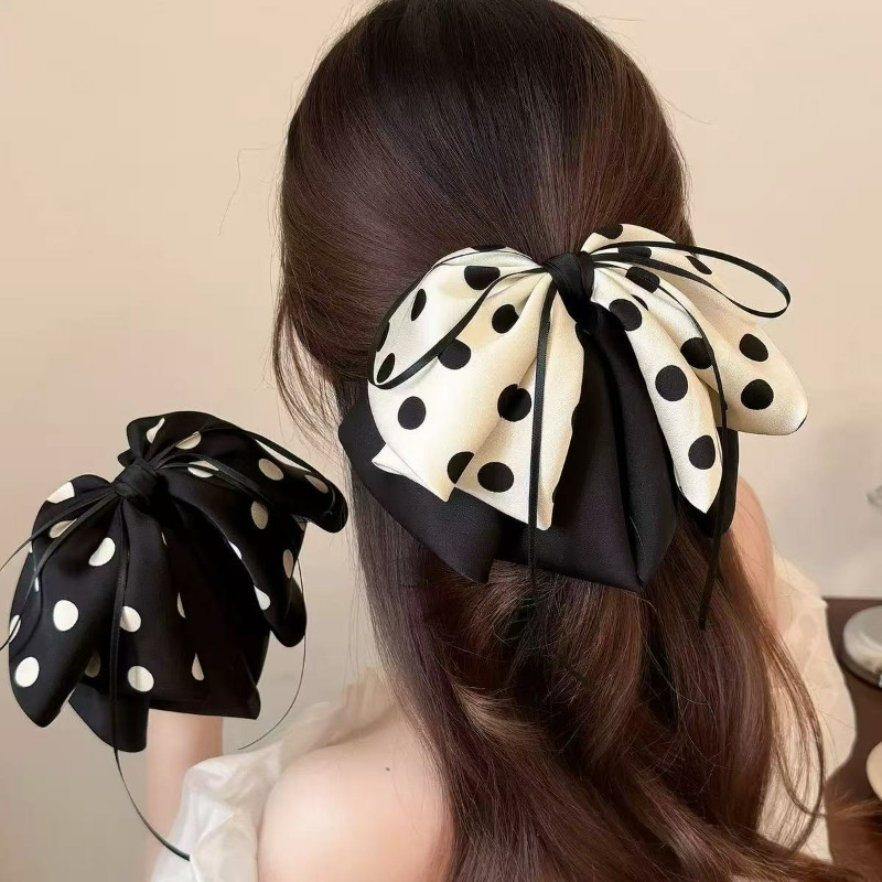Kẹp tóc satin nơ đuôi ngựa chấm bi, thanh lịch - Phụ kiện tóc nữ thời trang
