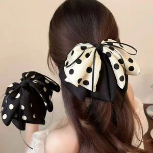 Kẹp tóc satin nơ đuôi ngựa chấm bi, thanh lịch - Phụ kiện tóc nữ thời trang
