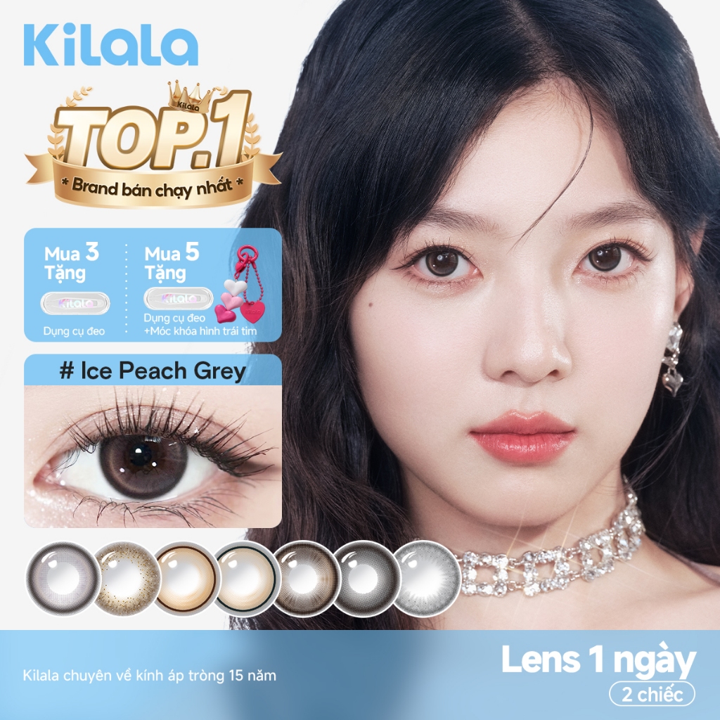 Kính áp tròng Kilala lens 1 ngày màu xám  DIA 14.0mm 14.2mm 14.5mm và màu xám Twinkle Brown，Ice Peach Grey，Gifted Brown，lens cận 1 ngày có độ (0-7) 2 chiếc - 1