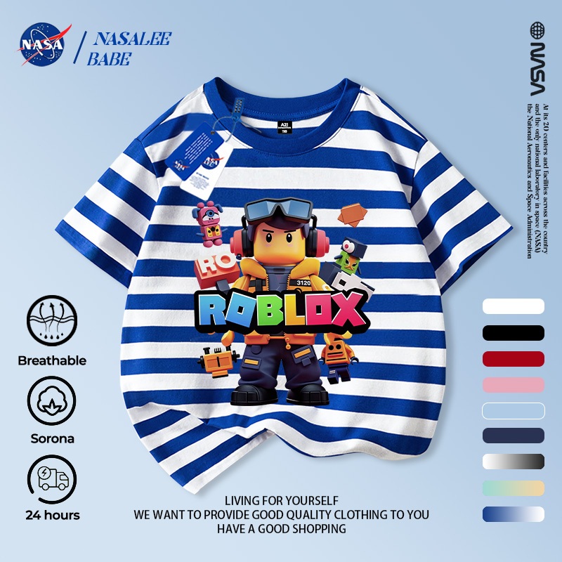 Áo thun ROBLOX phiên bản NASA phim hoạt hình, cotton nguyên chất, áo cộc tay nam nữ và trẻ em.