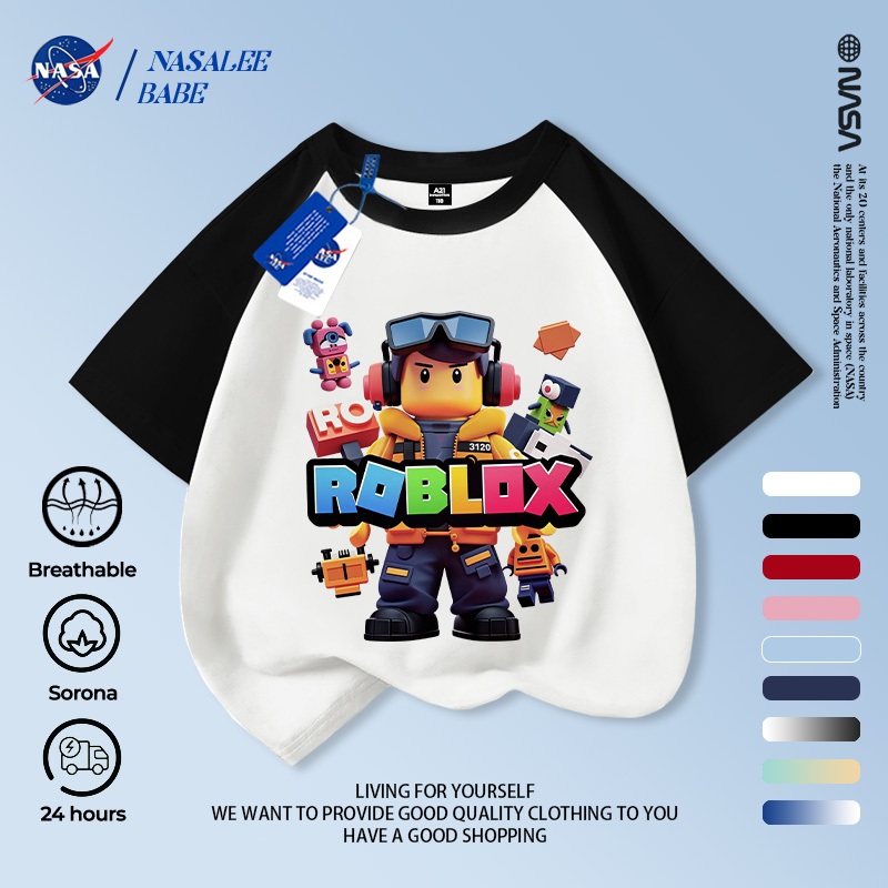 Áo thun ROBLOX phiên bản NASA phim hoạt hình, cotton nguyên chất, áo cộc tay nam nữ và trẻ em.