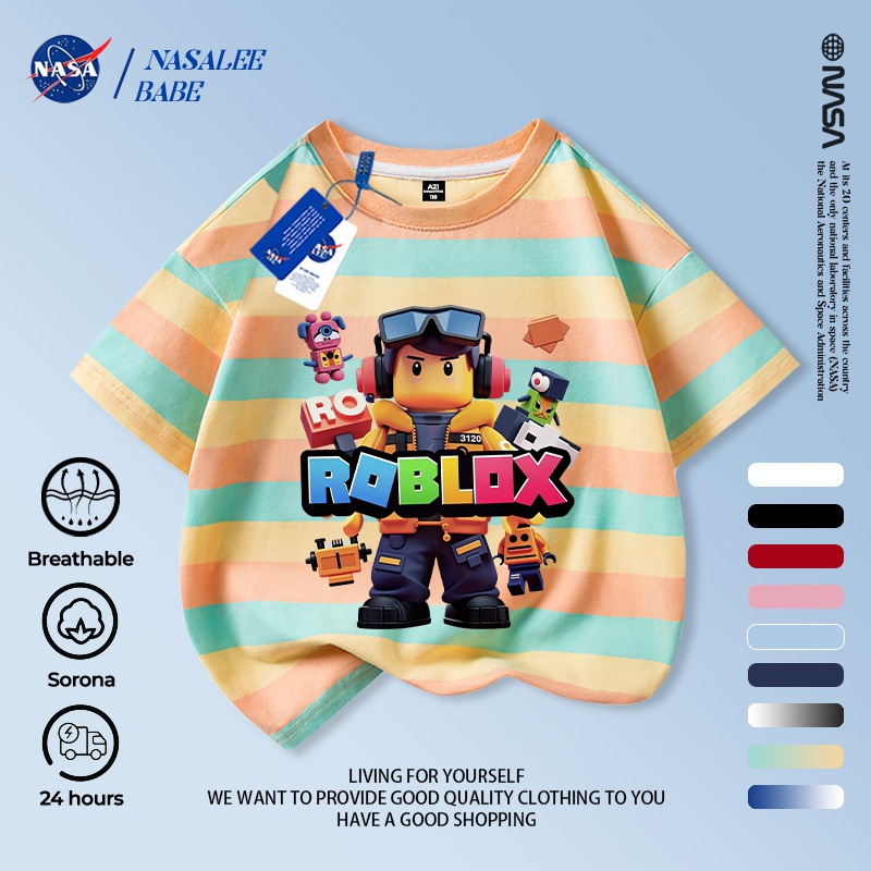 Áo thun ROBLOX phiên bản NASA phim hoạt hình, cotton nguyên chất, áo cộc tay nam nữ và trẻ em.