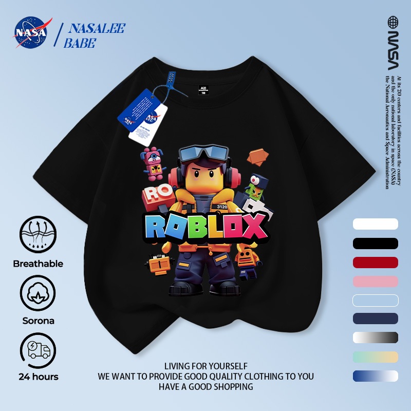 Áo thun ROBLOX phiên bản NASA phim hoạt hình, cotton nguyên chất, áo cộc tay nam nữ và trẻ em.