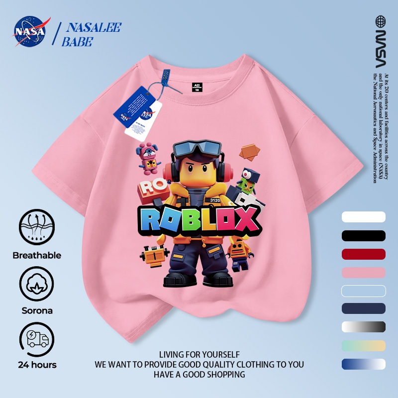 Áo thun ROBLOX phiên bản NASA phim hoạt hình, cotton nguyên chất, áo cộc tay nam nữ và trẻ em.
