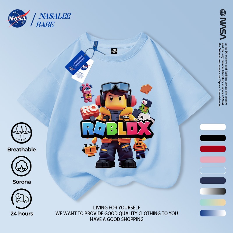 Áo thun ROBLOX phiên bản NASA phim hoạt hình, cotton nguyên chất, áo cộc tay nam nữ và trẻ em.