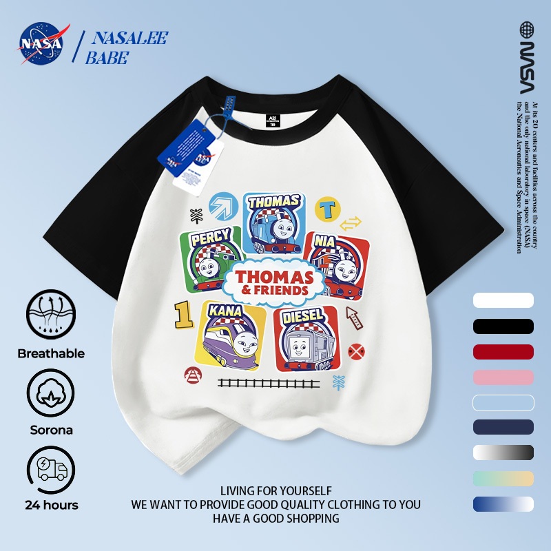 Áo thun in hình NASA hoạt hình mùa hè tay ngắn chất liệu cotton nguyên chất dành cho nam nữ trẻ em