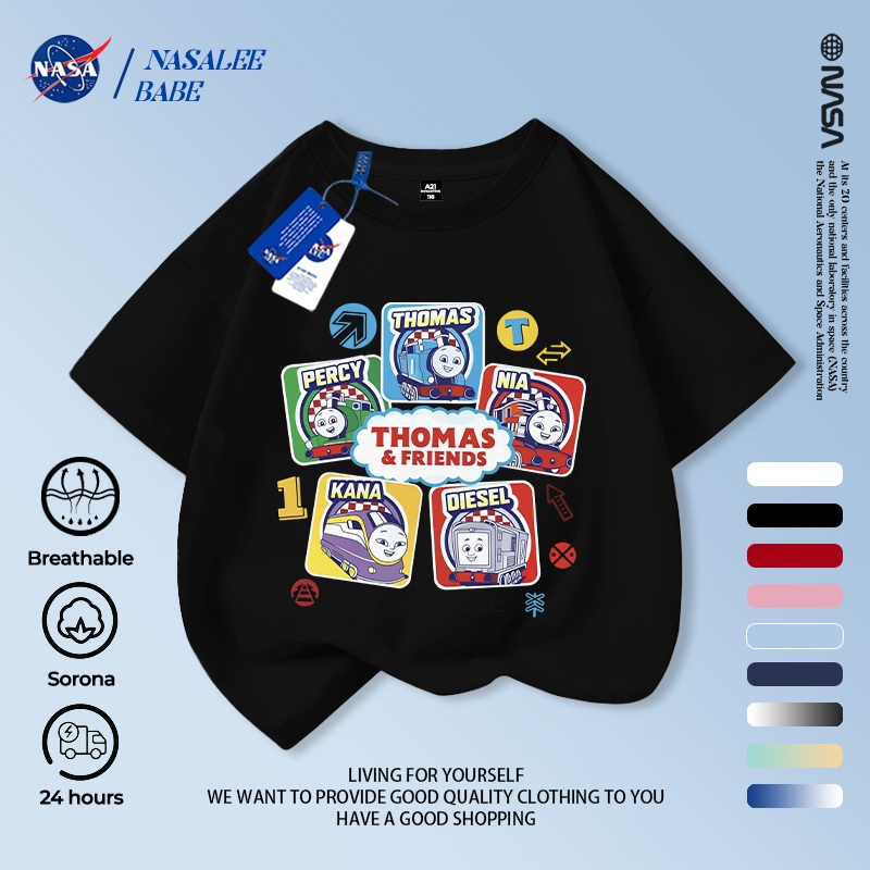 Áo thun in hình NASA hoạt hình mùa hè tay ngắn chất liệu cotton nguyên chất dành cho nam nữ trẻ em