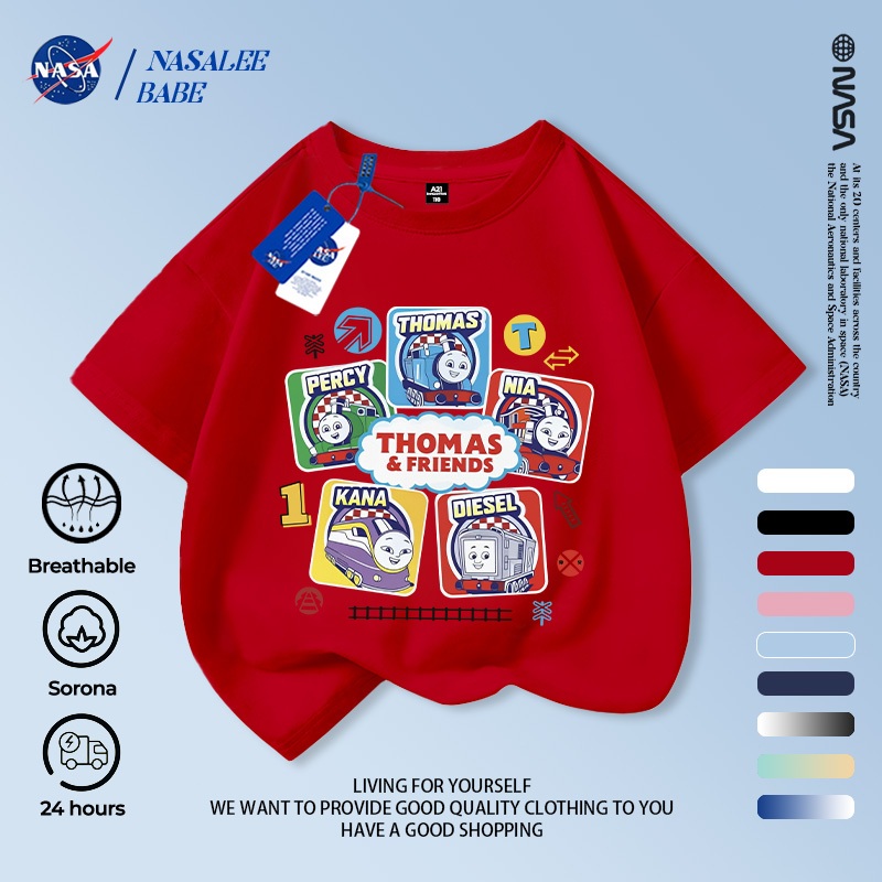 Áo thun in hình NASA hoạt hình mùa hè tay ngắn chất liệu cotton nguyên chất dành cho nam nữ trẻ em