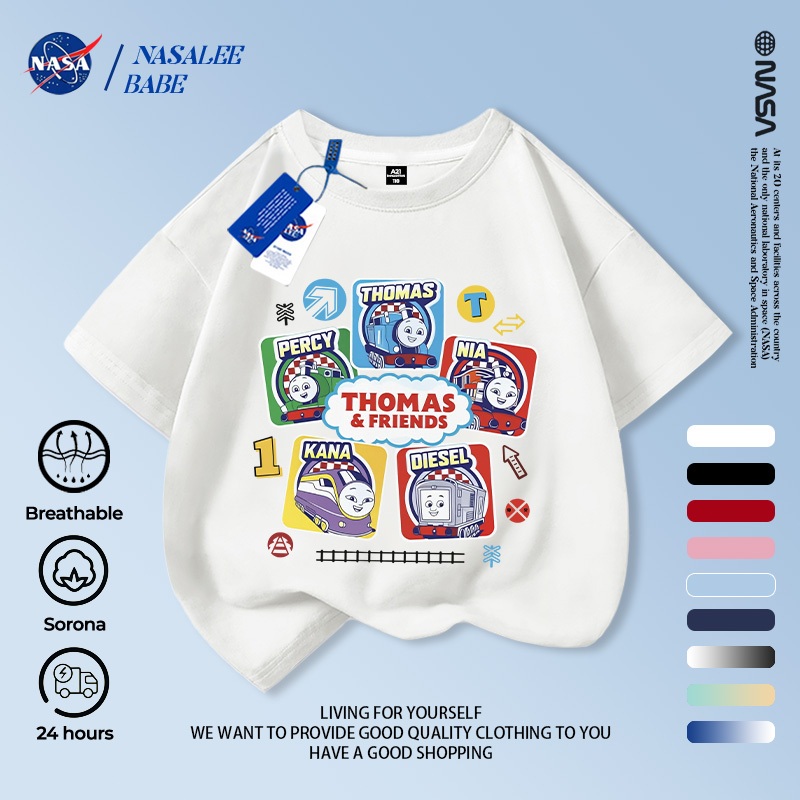 Áo thun in hình NASA hoạt hình mùa hè tay ngắn chất liệu cotton nguyên chất dành cho nam nữ trẻ em