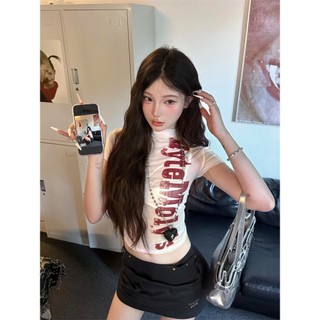 Áo thun ngắn tay form slim in chữ rỗng xuyên thấu cho nữ mùa hè