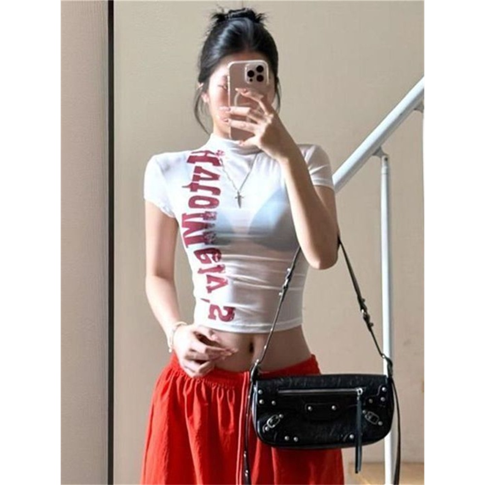 [BANKO] Áo sơ mi nữ summer mới, form slim-fit, cổ tròn, tay ngắn, in chữ trắng