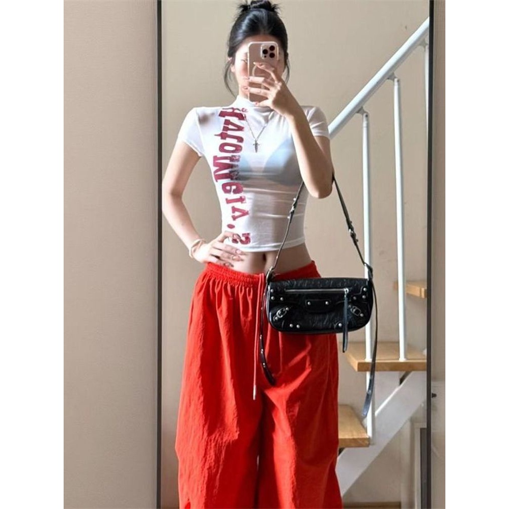 [BANKO] Áo sơ mi nữ summer mới, form slim-fit, cổ tròn, tay ngắn, in chữ trắng