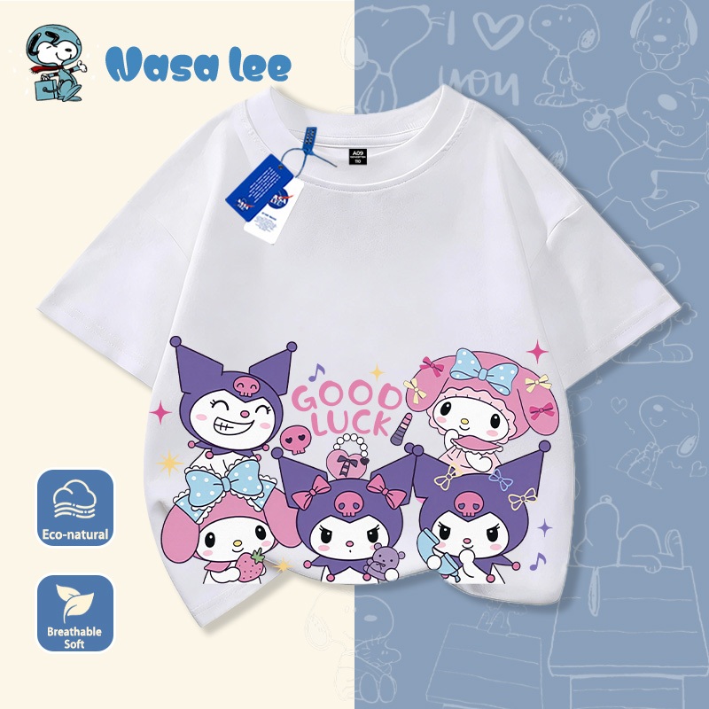 Áo thun ngắn tay trẻ em NASA nhân vật Kuromi, trang phục mùa hè 2026, thiết kế thời trang, chất liệu cotton 100% mềm mại, dành cho bé gái