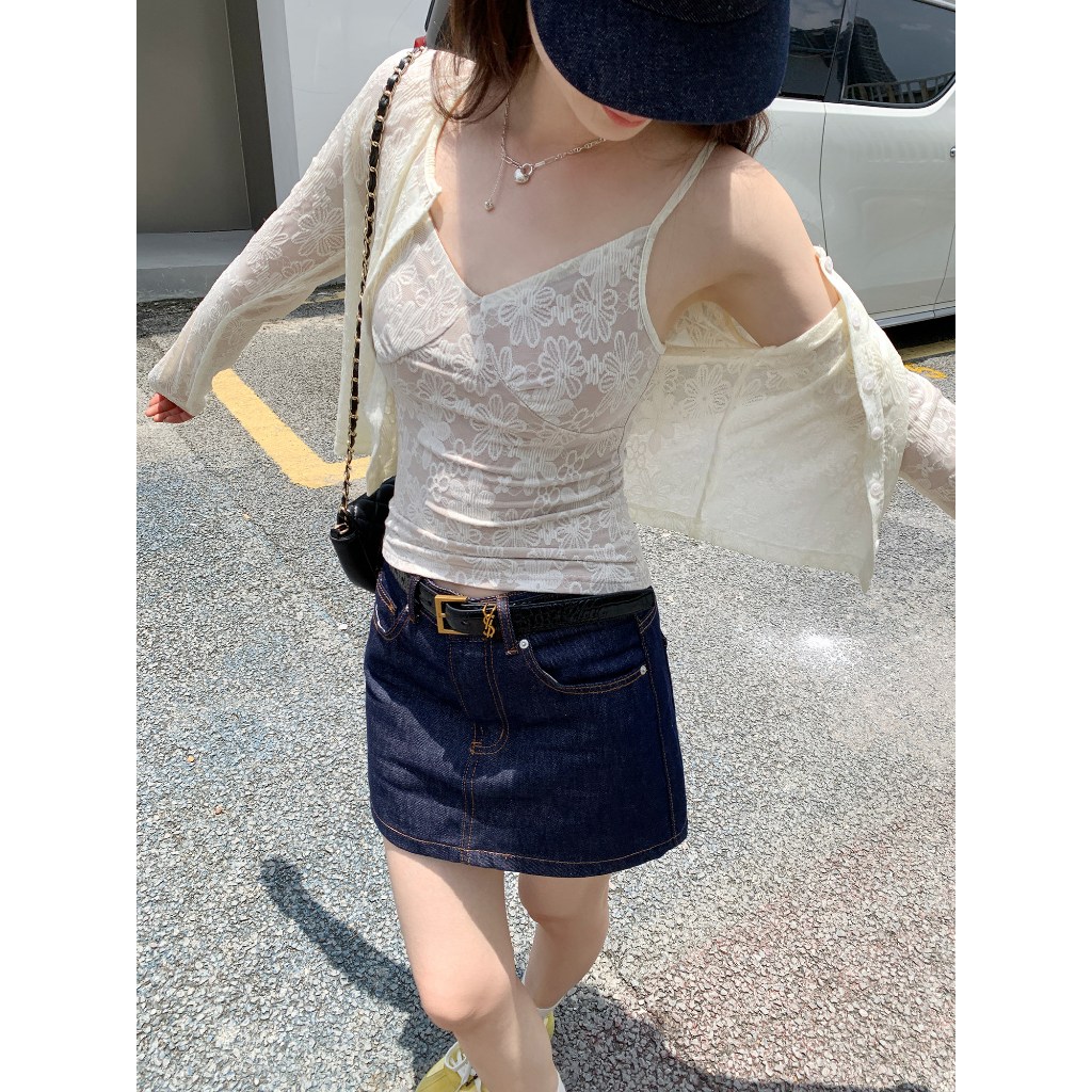 【BANKO】Bộ Đồ Nữ Phong Cách Pháp Mùa Xuân Áo Yếm Ren Mơ Mộng & Jacket Dài Tay Mỏng