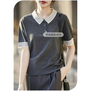 Polo polo Cổ Áo Len Sọc Tay Ngắn Nữ Mùa Hè Màu Cà Phê Áo Thun Mỏng Chui Đầu Đi Lại Đơn Giản Top