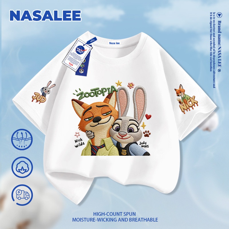 [Giao hàng trong ngày] Áo thun Cotton nguyên chất màu trắng cho trẻ em NASA Bầu không khí Họa tiết thành phố động vật điên rồ 3-16 tuổi Áo sơ mi ngắn tay dáng rộng thông thường