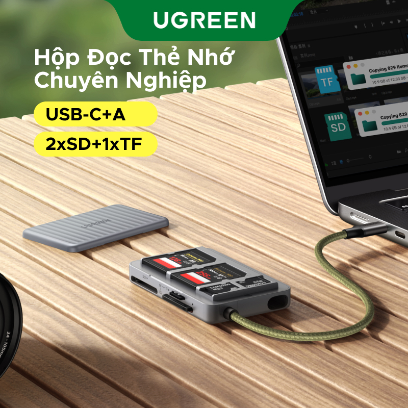 Đầu đọc thẻ UGREEN USB C sang 2 * SD + 1 * TF có lưu trữ và đọc USB 3.0 Đầu đọc thẻ 2 trong 1 5Gbps Tương thích cho thiết bị Apple và Android