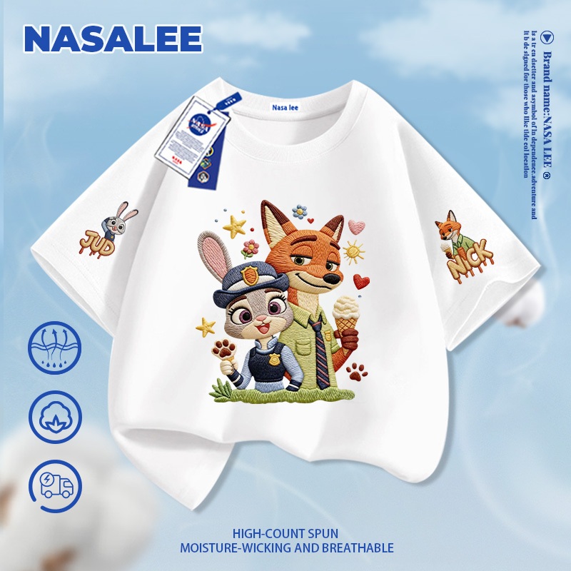 [Giao hàng trong ngày] Thương hiệu nổi tiếng của NASA Áo thun ngắn tay màu xanh đậm Cotton nguyên chất thoáng khí thoải mái Quần áo bé trai bé gái họa tiết thỏ cáo nửa