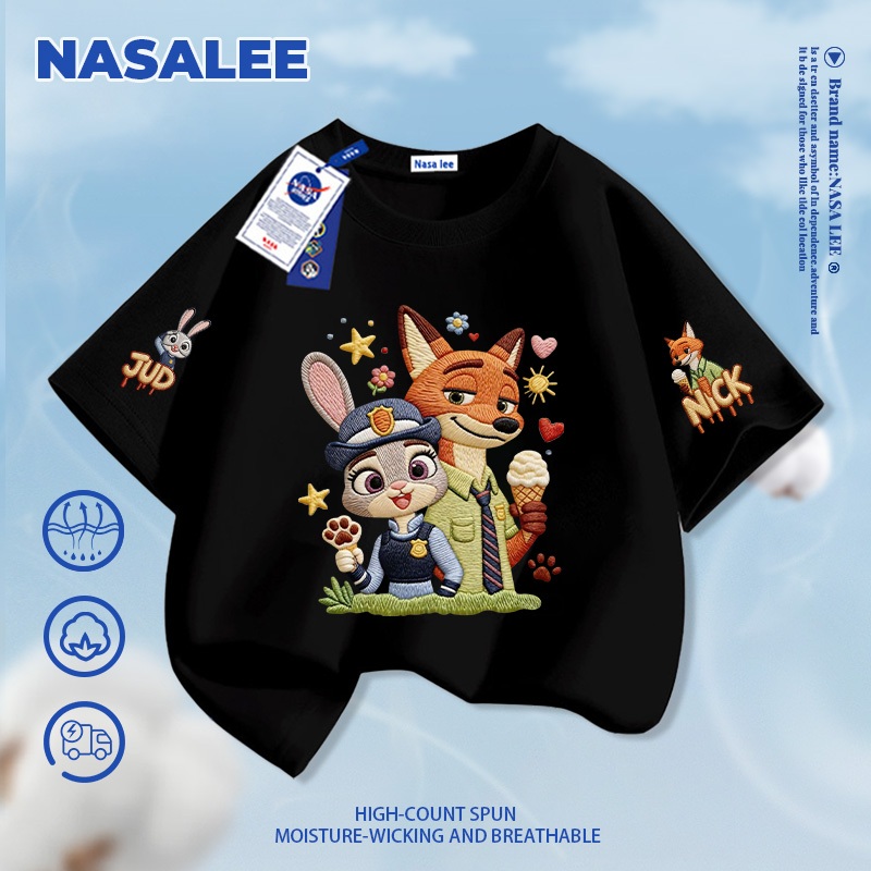 [Giao hàng trong ngày] Thương hiệu nổi tiếng của NASA Áo thun ngắn tay màu xanh đậm Cotton nguyên chất thoáng khí thoải mái Quần áo bé trai bé gái họa tiết thỏ cáo nửa