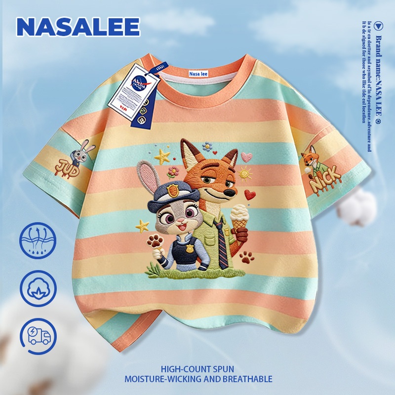 [Giao hàng trong ngày] Thương hiệu nổi tiếng của NASA Áo thun ngắn tay màu xanh đậm Cotton nguyên chất thoáng khí thoải mái Quần áo bé trai bé gái họa tiết thỏ cáo nửa