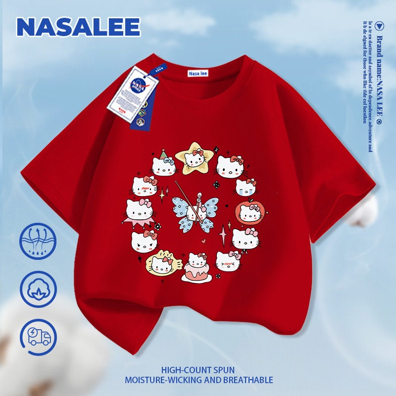 [Giao hàng trong ngày] Thương hiệu nổi tiếng của NASA Áo thun ngắn tay màu trắng Cotton nguyên chất thoáng khí thoải mái cho bé trai bé gái Quần áo thời gian KT họa tiết mèo nửa tay