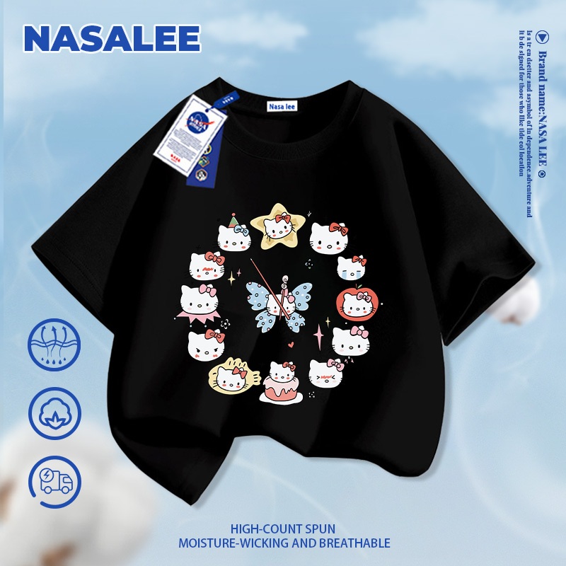 [Giao hàng trong ngày] Thương hiệu nổi tiếng của NASA Áo thun ngắn tay màu trắng Cotton nguyên chất thoáng khí thoải mái cho bé trai bé gái Quần áo thời gian KT họa tiết mèo nửa tay
