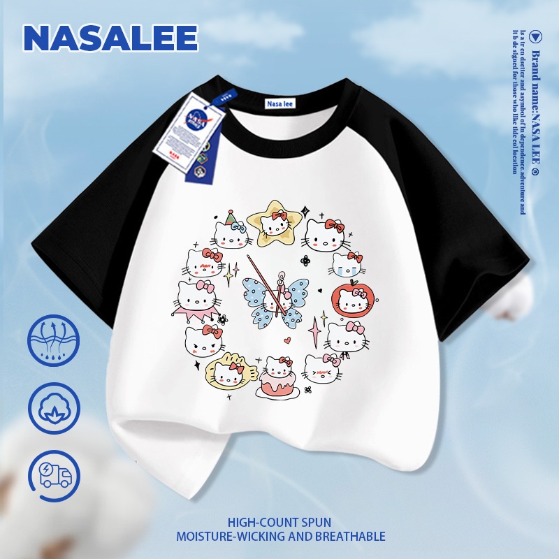 [Giao hàng trong ngày] Thương hiệu nổi tiếng của NASA Áo thun ngắn tay màu trắng Cotton nguyên chất thoáng khí thoải mái cho bé trai bé gái Quần áo thời gian KT họa tiết mèo nửa tay