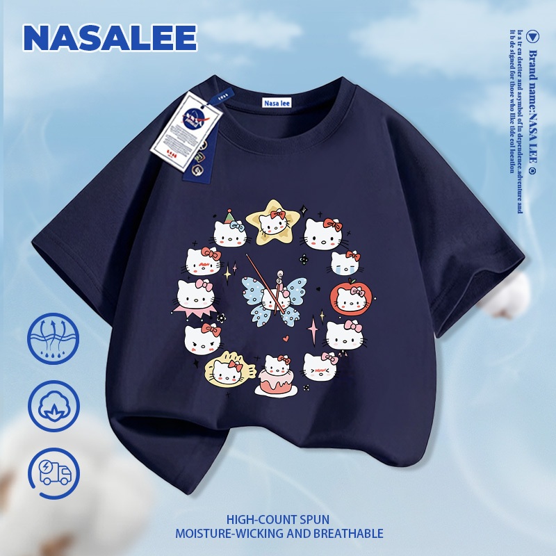 [Giao hàng trong ngày] Thương hiệu nổi tiếng của NASA Áo thun ngắn tay màu trắng Cotton nguyên chất thoáng khí thoải mái cho bé trai bé gái Quần áo thời gian KT họa tiết mèo nửa tay