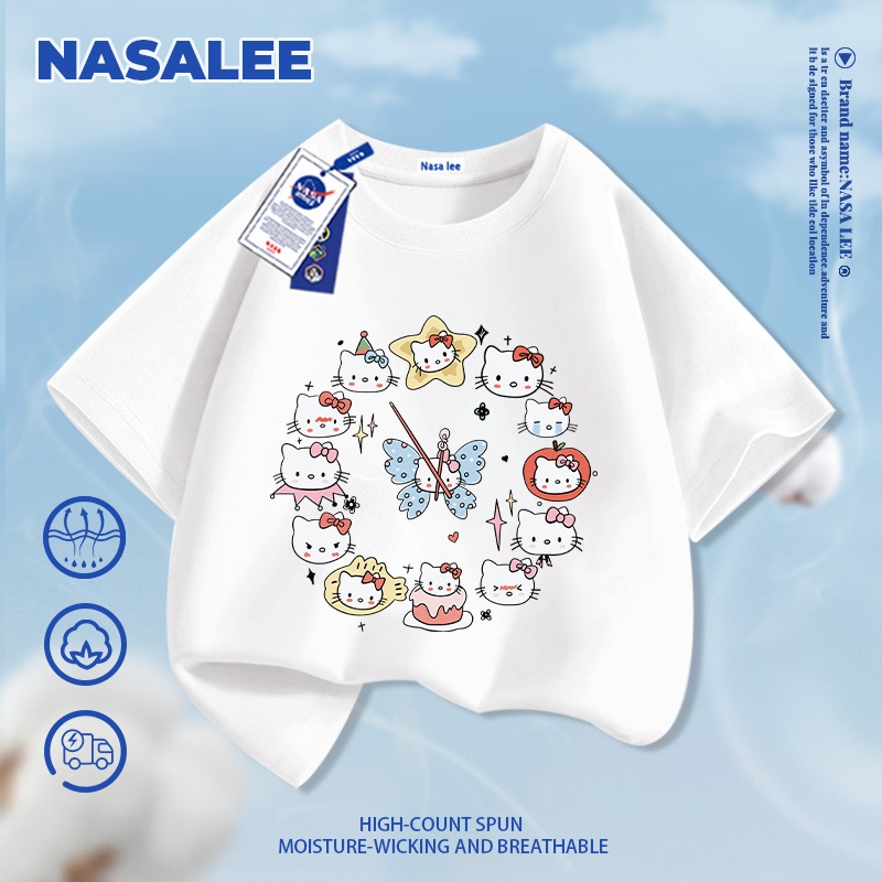 [Giao hàng trong ngày] Thương hiệu nổi tiếng của NASA Áo thun ngắn tay màu trắng Cotton nguyên chất thoáng khí thoải mái cho bé trai bé gái Quần áo thời gian KT họa tiết mèo nửa tay
