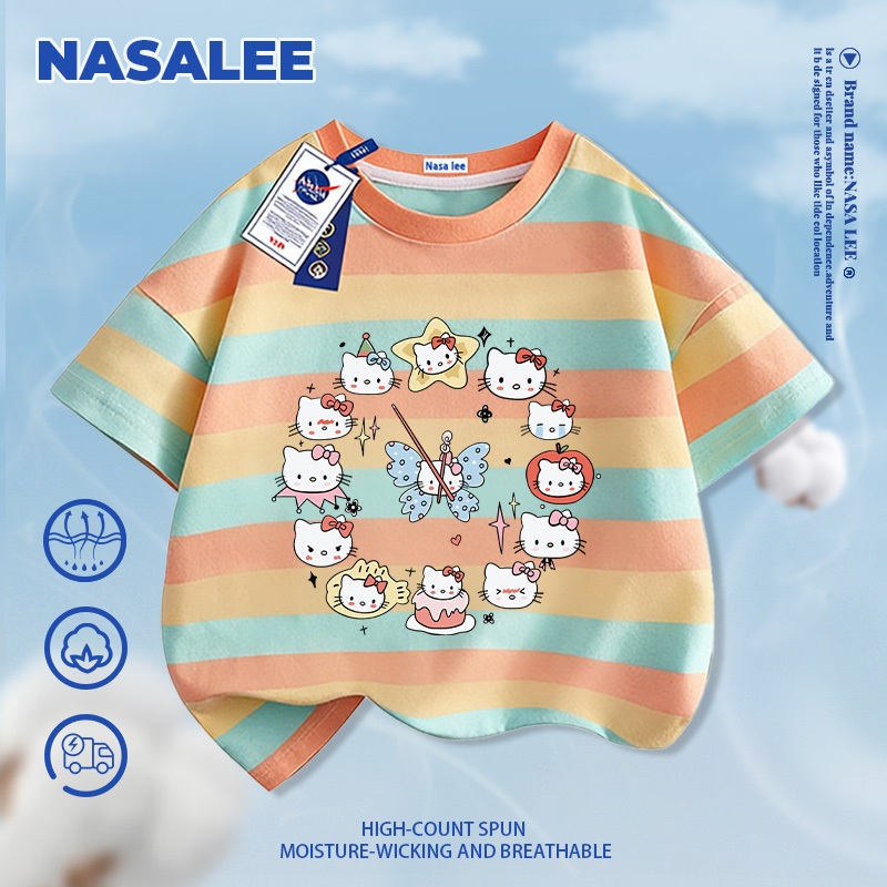 [Giao hàng trong ngày] Thương hiệu nổi tiếng của NASA Áo thun ngắn tay màu trắng Cotton nguyên chất thoáng khí thoải mái cho bé trai bé gái Quần áo thời gian KT họa tiết mèo nửa tay