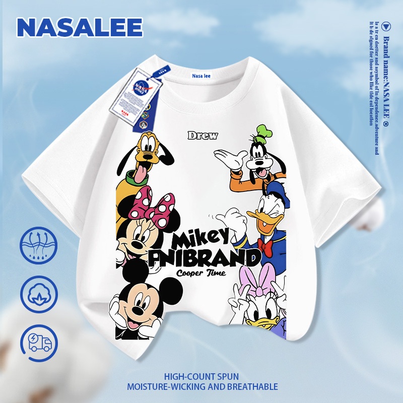[Giao hàng trong ngày] Áo thun ngắn tay màu xanh đậm cho trẻ em NASA Cotton nguyên chất thoáng khí thoải mái Quần áo bé trai bé gái Mickey Paradise Pattern H