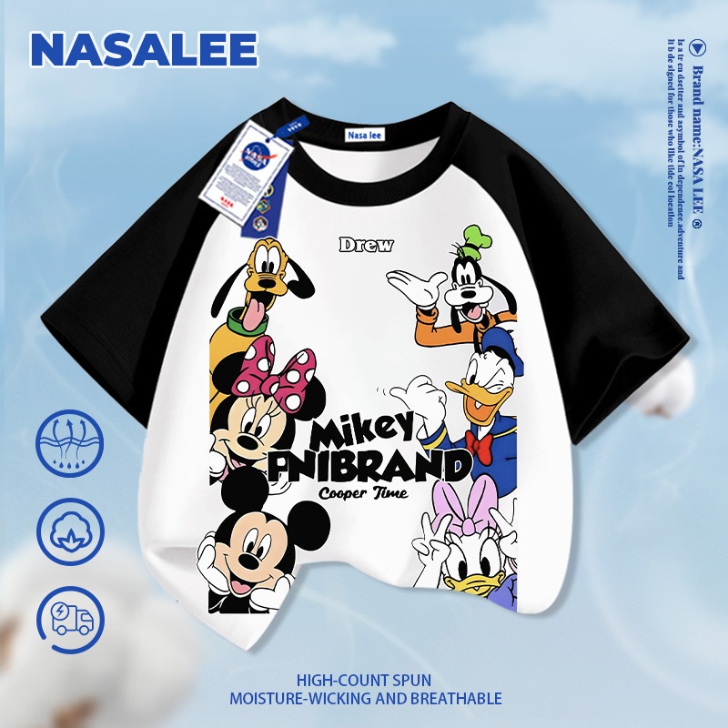 [Giao hàng trong ngày] Áo thun ngắn tay màu xanh đậm cho trẻ em NASA Cotton nguyên chất thoáng khí thoải mái Quần áo bé trai bé gái Mickey Paradise Pattern H
