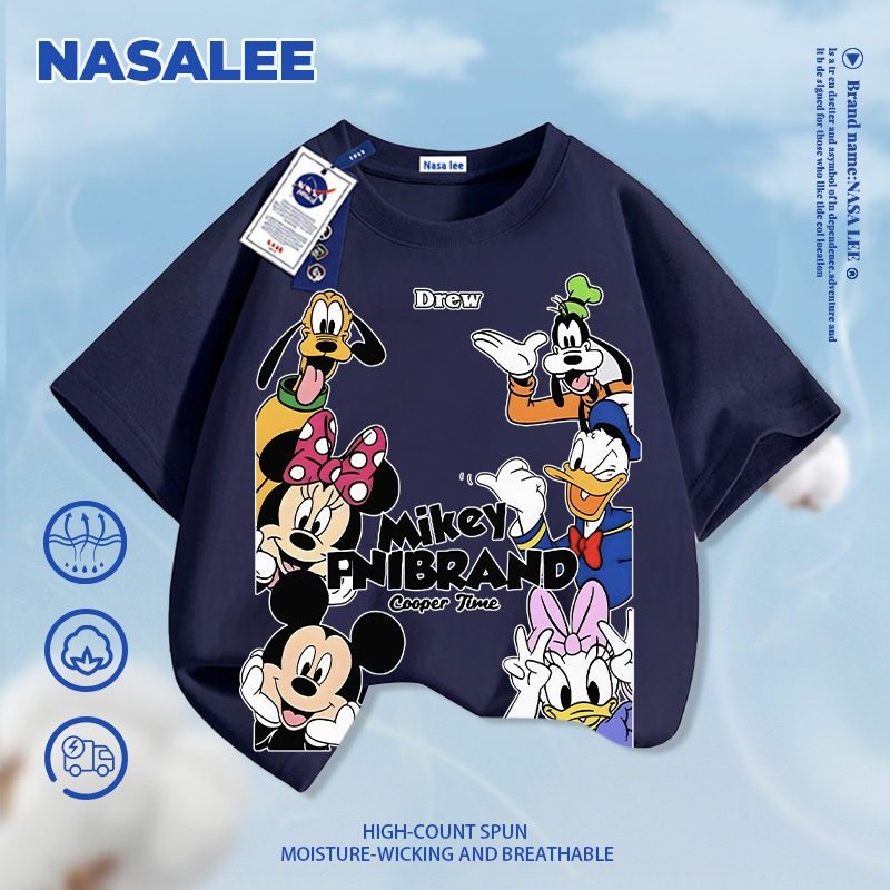 [Giao hàng trong ngày] Áo thun ngắn tay màu xanh đậm cho trẻ em NASA Cotton nguyên chất thoáng khí thoải mái Quần áo bé trai bé gái Mickey Paradise Pattern H