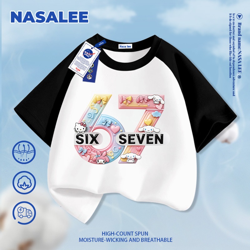 [Giao hàng trong ngày] Áo thun ngắn tay màu trắng dành cho trẻ em NASA Cotton nguyên chất thoáng khí thoải mái Quần áo bé trai bé gái 67KT Họa tiết mèo nửa tay