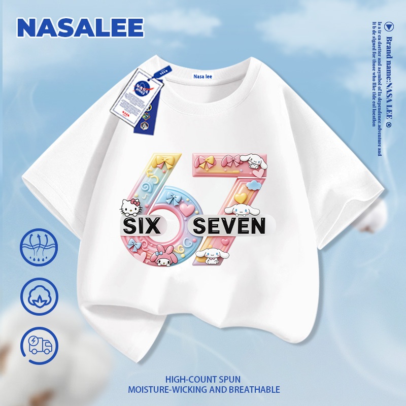 [Giao hàng trong ngày] Áo thun ngắn tay màu trắng dành cho trẻ em NASA Cotton nguyên chất thoáng khí thoải mái Quần áo bé trai bé gái 67KT Họa tiết mèo nửa tay