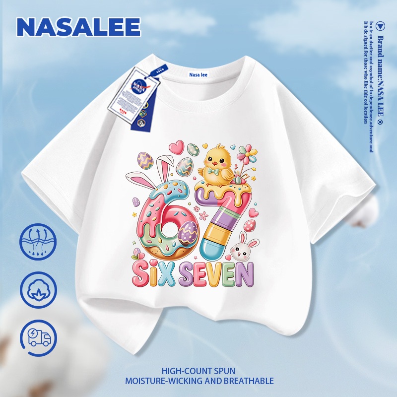 [Giao hàng trong ngày] Áo thun Cotton nguyên chất màu đen cho trẻ em NASA Không khí dễ thương 67 họa tiết vịt 3-16 tuổi Áo sơ mi ngắn tay dáng rộng thông thường