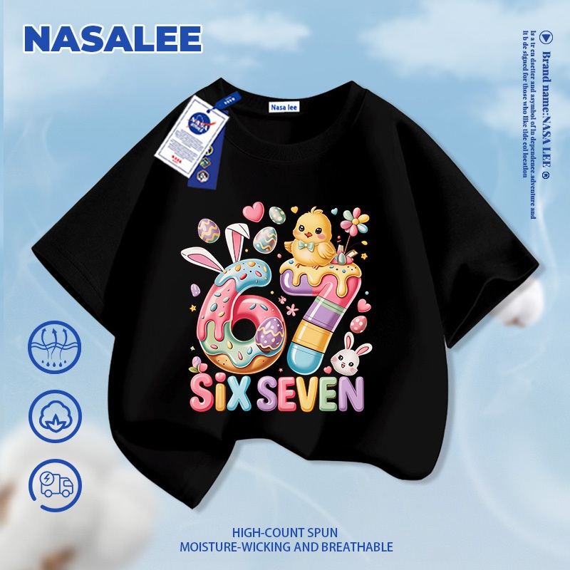 [Giao hàng trong ngày] Áo thun Cotton nguyên chất màu đen cho trẻ em NASA Không khí dễ thương 67 họa tiết vịt 3-16 tuổi Áo sơ mi ngắn tay dáng rộng thông thường