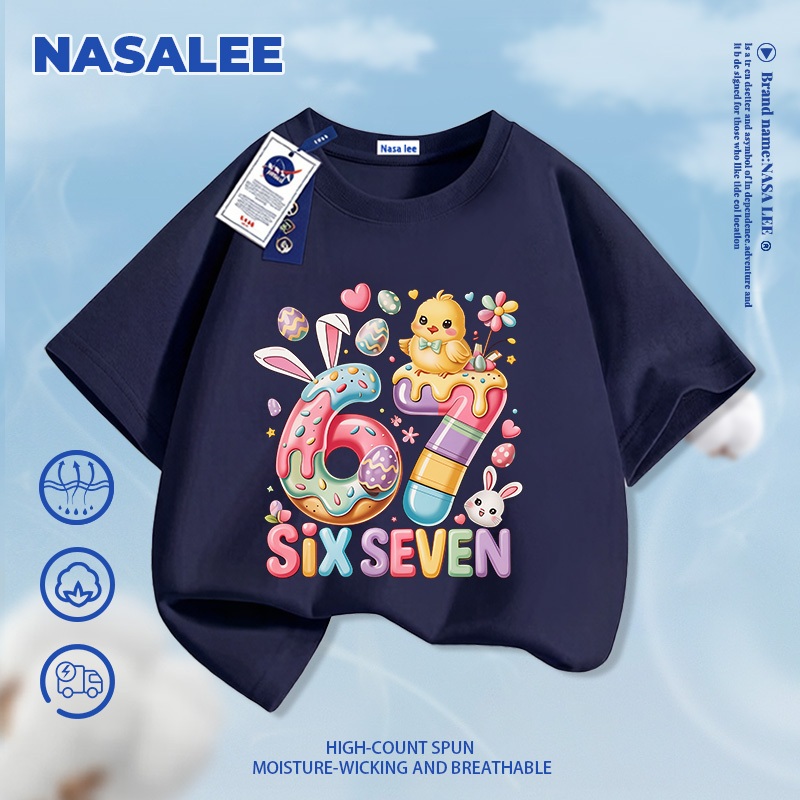 [Giao hàng trong ngày] Áo thun Cotton nguyên chất màu đen cho trẻ em NASA Không khí dễ thương 67 họa tiết vịt 3-16 tuổi Áo sơ mi ngắn tay dáng rộng thông thường