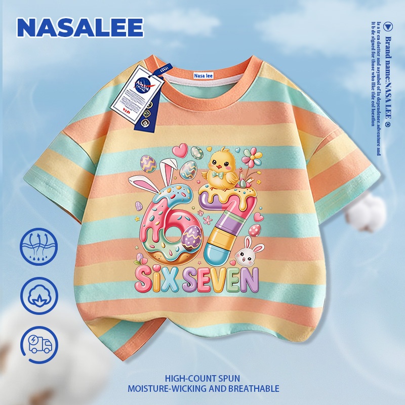 [Giao hàng trong ngày] Áo thun Cotton nguyên chất màu đen cho trẻ em NASA Không khí dễ thương 67 họa tiết vịt 3-16 tuổi Áo sơ mi ngắn tay dáng rộng thông thường