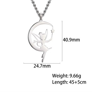 Mặt dây chuyền elf cổ tích với đôi cánh thiên thần và mặt trăng, làm từ thép không gỉ, phù hợp cho những cô gái yêu phong cách phù thủy lãng mạn.