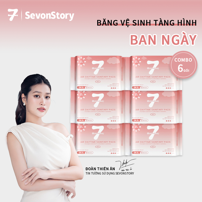 【SevonStory ⑦】Combo 6 gói ban ngày Băng vệ sinh  24.5cm (7 miếng/gói), tích hợp chip bạc hà mát lạnh dễ chịu. Hương hoa tinh tế, thơm nhẹ và lưu hương lâu . Chất liệu mềm mại, thấm hút nhanh sau 3 giây. Băng vệ sinh tàng hình.