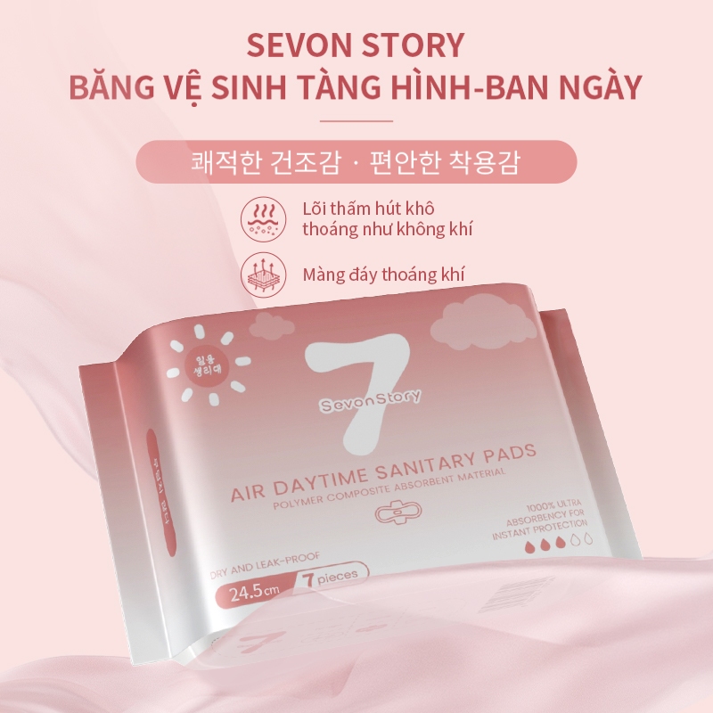 【SevonStory ⑦】Combo 6 gói ban ngày Băng vệ sinh  24.5cm (7 miếng/gói), tích hợp chip bạc hà mát lạnh dễ chịu. Hương hoa tinh tế, thơm nhẹ và lưu hương lâu . Chất liệu mềm mại, thấm hút nhanh sau 3 giây. Băng vệ sinh tàng hình.